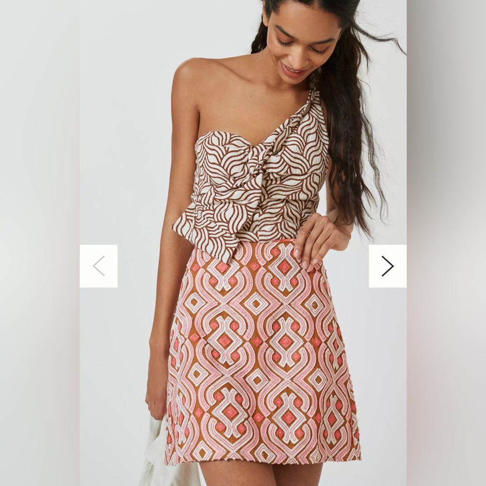 Anthropologie Linen Slim Mini Skirt Preppy Classic Pink Brown Cream - Size 4